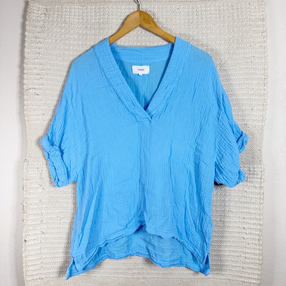 XIRENA light blue gauzy rolled sleeve top LARGE